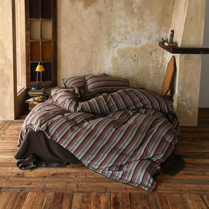 LifeTB Retro Striped Duvet Cover Set Queen, 100% Muslin Cotton Vintage Colorful Stripes Pattern Printed Comforter Cover, Soft Breathable Gauze Duvet Cover Farmhouse Bohemian Striped Bedding Set