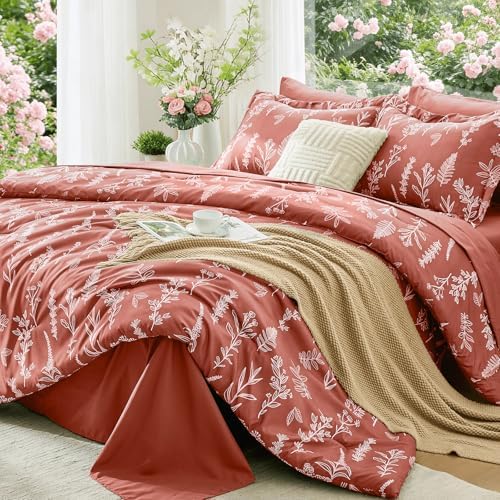 MUXHOMO Brown King Comforter Set, Elegant Floral Print Bed in a Bag 7 Pieces, Ultra Soft & Breathable Reversible Botanical Pattern Bedding Set with Comforter, Sheets, Pillowcases, and Shams