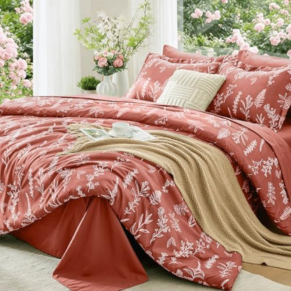 MUXHOMO Brown King Comforter Set, Elegant Floral Print Bed in a Bag 7 Pieces, Ultra Soft & Breathable Reversible Botanical Pattern Bedding Set with Comforter, Sheets, Pillowcases, and Shams