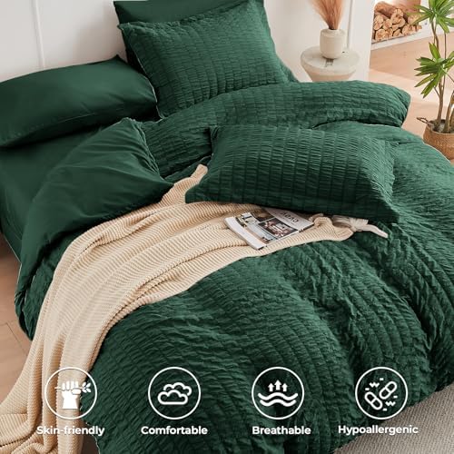 HYMOKEGE Emerald Green Full Size Comforter Sets Seersucker 7 Pieces, All Season Luxury Bed in a Bag for Bedroom, Bedding Set with Comforter, Sheets, Pillowcases & Shams