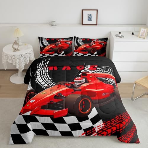 Go Kart Toddler Race Car Bed for Boys,Black and White Buffalo Checkered Drift Kart Comforter Set Toddler Bedding Set,Square Grid Plaid Lattice Quilt,Red Karting Extreme Sport Duvet Insert King