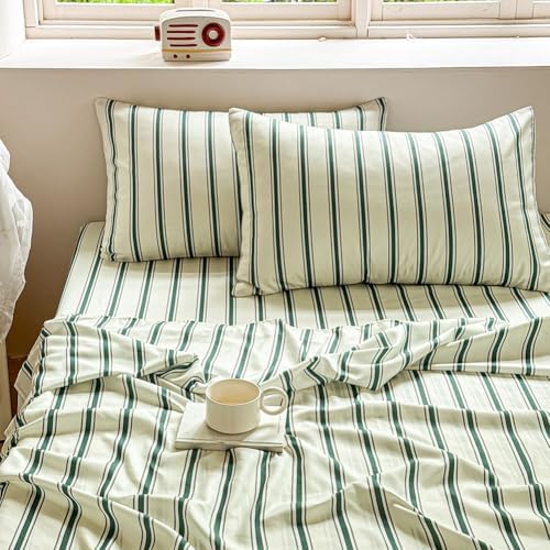NSNLGSGC Sage Green Retro Striped Duvet Cover Set, Queen