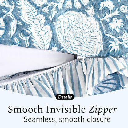 CPC Block Print Blue Meadow Ruffle Cotton Lumbar Pillow Cover 12x20 inch
