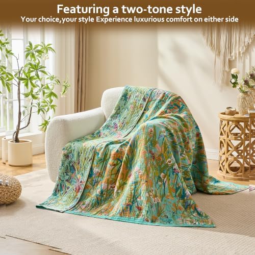 VANJOROY Boho Throw Blanket, 100% Organic Cotton Breathable Skin-Friendly Ultra Soft 50" x 60" Bed Quilt Green Leaf Throw - Floral Luxury Reversible Blanket for Sofa Couch Chair and Gift,