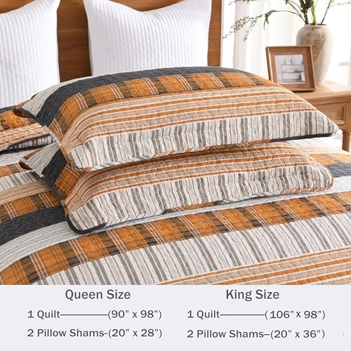 Homzard 100% Cotton King Size Quilt Set Striped Plaid Orange Black Bedspread Set Summer Lightweight Farmhouse Washable Bedding Comforter Set 3 Pieces