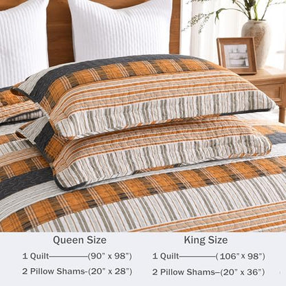 Homzard 100% Cotton King Size Quilt Set Striped Plaid Orange Black Bedspread Set Summer Lightweight Farmhouse Washable Bedding Comforter Set 3 Pieces