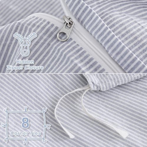 TOCOMOA Blue Striped Duvet Cover Set 100% Washed Cotton Like Linen, King