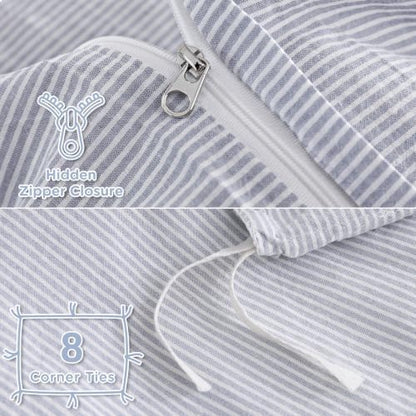 TOCOMOA Blue Striped Duvet Cover Set 100% Washed Cotton Like Linen, King