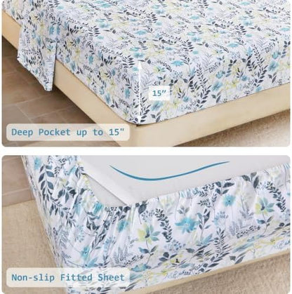 lasoftan Floral Queen Comforter Set with Sheets, 7 piece Luxury Vintage Bedding, Soft Microfiber Bed in a Bag, Cozy Lightweight Bed Set, Grey Yellow Botanical