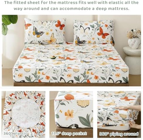 QSH Green Floral Egyptian Cotton Sheets King Size,Rosemary Flowers Butterfly Botanical Pattern Printed Bed Sheet King Aesthetic Extra Soft and Breathable 17.5" Deep Pockets King Bedding Sheets 4PCs