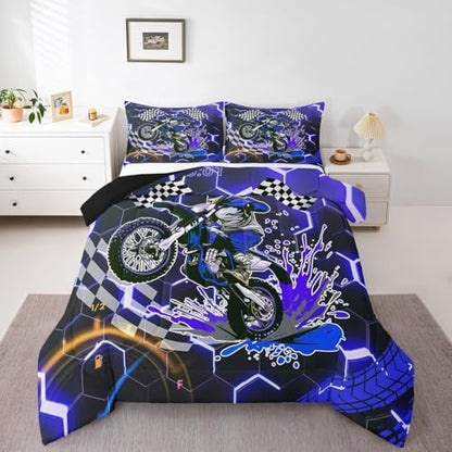 Racing Motorcycle Bedding Sets for Boys Girls,Blue Neon Lights Honeycomb Comforter Set King Dirt Bike Motocross Quilt Geometric Beehive Duvet Insert,Black White Grid Lattice Buffalo Plaid Decor