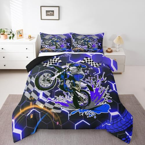 Erosebridal Racing Motorcycle Twin Comforter Set for Boys,Blue Neon Lights Honeycomb Bedding Set Dirt Bike Motocross Quilt Moto Extreme Sports Duvet Insert,Black White Lattice Buffalo Plaid Decor