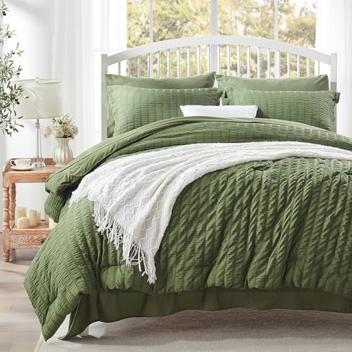 Full Size Comforter Sets 7 Piece, Olive Green Bed in a Bag Full Bedding Set