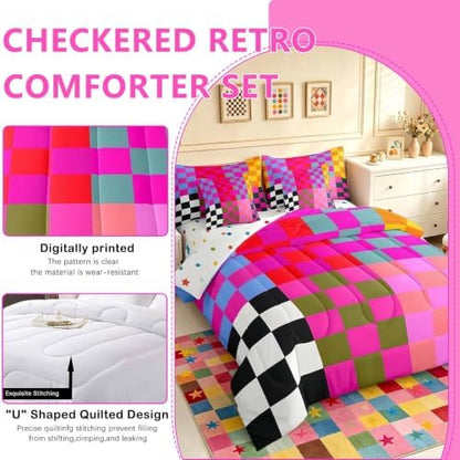 Feelyou Multicolored Checkered Retro 7 Piece Bedding Set Kids Boys Girls Geometric Vintage Comforter Set with Sheets Queen Size Black Red Purple Bed in a Bag Modern Simple Groovy Aesthetic Room Decor