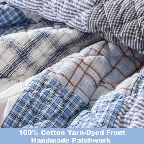 Wonderful - Real Patchwork Quilt Set King Size, 3 Piece Yarn-Dyed Cotton Face Plaid Bedding, Blue Modern Farmhouse Reversible Coverlet, 104"x90"