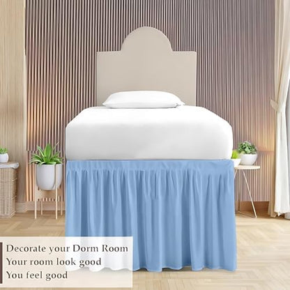 Dorm Bed Skirt Twin XL 42 Inch Drop, Easy to Install Extra Long Wrap Around Elastic Dust Ruffle, Bedskirt Solid Silky Fabric Machine Washable, Ruffled College Dorm Room Light Blue