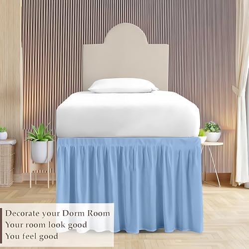 Twin XL Dorm Bed Skirt 40 Inch Drop, College Dorm Room Bed Skirt, Tailored Fit, Extra Long Microfiber Bedskirt for Underbed Storage, Light Blue