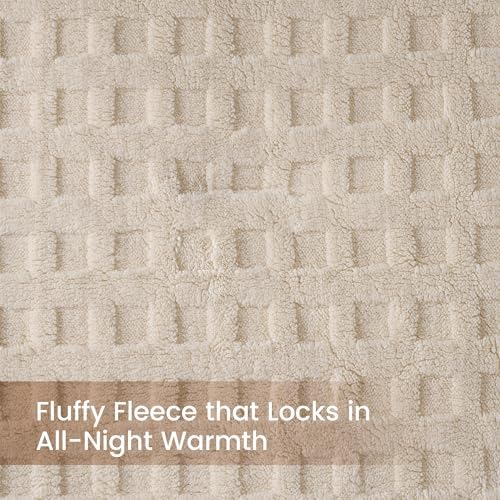 Teddy Waffle Texture Plush Fleece Comforter Set Queen Size, Creamy Beige