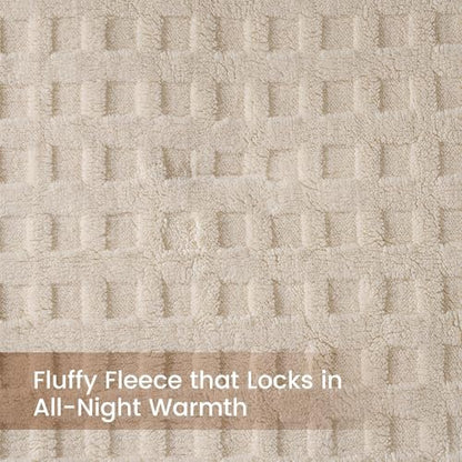 Teddy Waffle Texture Plush Fleece Comforter Set Queen Size, Creamy Beige