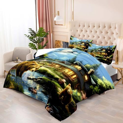 LUVIVIHOME 3PCS Cute Bear Comforter Set Full Size, Mallard Duck Deer Squirrel Lake Woodland Forest Animal Wildlife Country Lodge Rustic Farmhouse Cabin Bedding Sets for Kids Boys Girls, 2 Pillow Shams