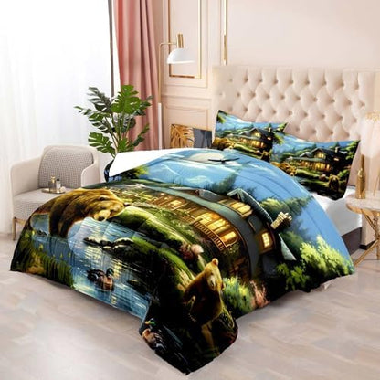 LUVIVIHOME 3PCS Cute Bear Comforter Set Full Size, Mallard Duck Deer Squirrel Lake Woodland Forest Animal Wildlife Country Lodge Rustic Farmhouse Cabin Bedding Sets for Kids Boys Girls, 2 Pillow Shams