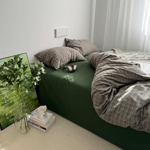 mixinni Vintage Green Buffalo Plaid Duvet Cover Set King Size - 3 Piece Mid-Century Washed Cotton Bedding Set with Grid Pattern, Ultra Soft & Breathable Duvet Cover with Pillowcases for All Seasons