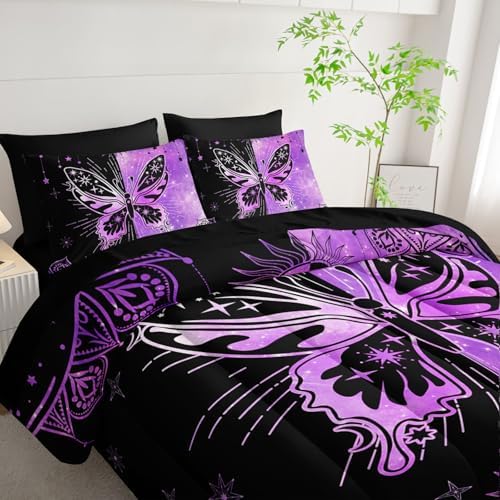 7Pcs Animals Comforter Set Black Purple Butterfly Printed Bedding Set with 1 Comforter, 1 Flat Sheet, 1 Fitted Sheet and 4 Pillowcases for Boys and Girls Bedroom (Butterfly-3 Full