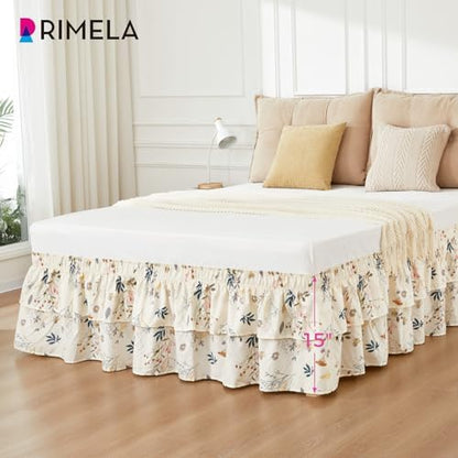 RIMELA Ruffle Bed Skirt Balloon Flower Floral Queen 15 Inch Drop, Elastic Wrap Around Bed Skirting Queen Size, Easy to Install Dust Ruffle, Machine Washable Soft Fabric, Multi Ruffle Bedskirt