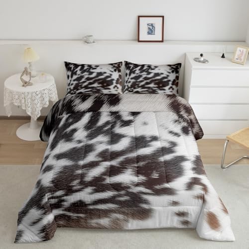 Western Brown Cowhide Comforter Set,Aztec Black White Cow Print Bedding Set King Rustic Farm Animal Down Comforter for Kids Boys Girls Men Women,Cowboy Cowhide Quilt Duvet Set Bedroom Decor 3 Pcs