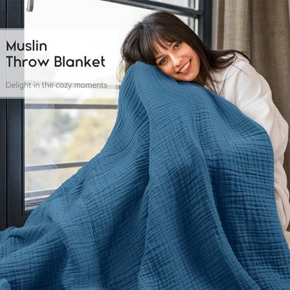 Yoofoss Muslin Blanket 100% Organic Cotton Throw Large 50" x 60" for Bed Couch Summer Gauze Blanket for Adults Lightweight and Breathable Dark Blue