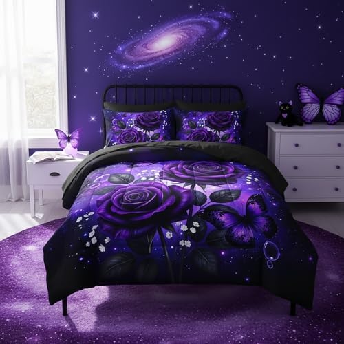 QOOMO Purple Rose 7 Pieces Comforter Set for Kids,Full Size