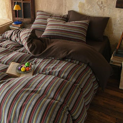 Vintage Striped Duvet Cover Set Full, 100% Cotton Muslin Colorful Bohemian Stripes Pattern Printed Bedding Set, 3 Piece Farmhouse Retro Striped Comforter Cover Soft Breathable Gauze Duvet Cover Full