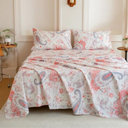 FADFAY 100% Cotton Percale Queen Sheet Set, Vintage Pink Paisley Floral
