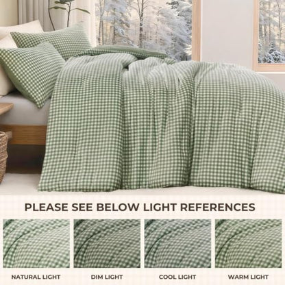Litanika Velvet Flannel Gingham Comforter Set King, 3 Pcs Sage Blanket