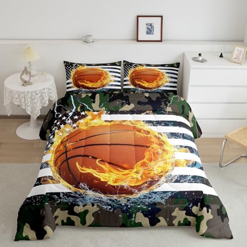 Erosebridal Basketball Comforter Set, Camouflage Bedding Set Twin for Kids Boys Teens, American Flag Quilted Duvet Sports Games and Camo Down Comforter, Decorative 2 Piece with 1 Pillow Case, Grey