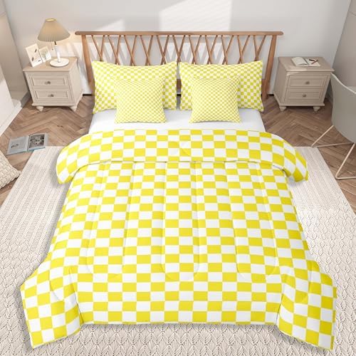 jejeloiu Yellow and White Bedding Set 7Pcs King Size Kids Plaid Checkered Comforter Set with Sheets for Boys Girls Classic Grid Buffalo Check Bed in a Bag Soft Lightweight,Microfiber
