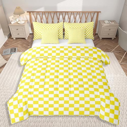 jejeloiu Yellow and White Bedding Set 7Pcs King Size Kids Plaid Checkered Comforter Set with Sheets for Boys Girls Classic Grid Buffalo Check Bed in a Bag Soft Lightweight,Microfiber
