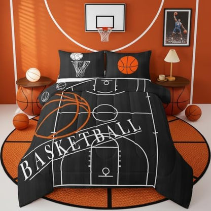 Erosebridal Boys Basketball Full Comforter Set for Kids Child Sports Theme Bedding Set, Ball Gamer Bedding Comforter Sets Basketball Printed Reversible Duvet Set, Black Quilted Comforter