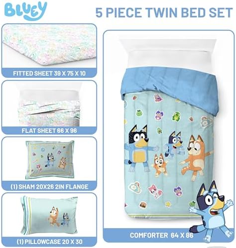 Bluey Bingo Twin Comforter Set 5 Piece Soft Kids Cartoon Bedding, Blue