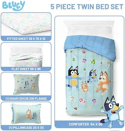 Bluey Bingo Twin Comforter Set 5 Piece Soft Kids Cartoon Bedding, Blue