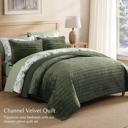 Velvet Quilt Set Queen Size -Bedding Set Green Soft Bedspread with 2 Shams