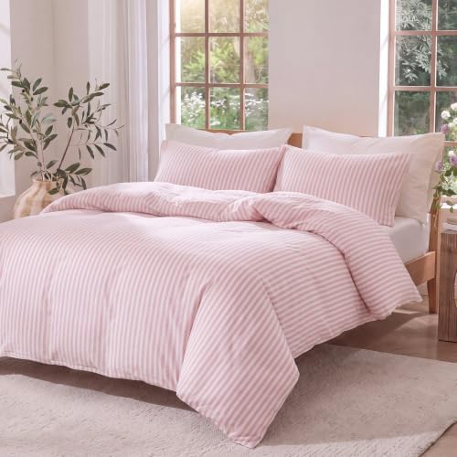Bedbay Pink Striped Duvet Cover Set Queen Size, 100% Cotton 300TC Sateen, Dusty Rose Fine Stripe Bedding, Soft Smooth Breathable Luxury Sateen Set, 3 Pieces