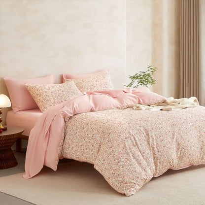 Wake In Cloud - Floral Comforter Set with Sheets, Cute Vintage Flower Cottagecore Aesthetic for Women Teen Girls, 7 Pieces Bed in a Bag, Cream Pink, Full Size
