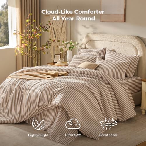 Litanika California King Comforter Set 7 Pieces Tan White Striped