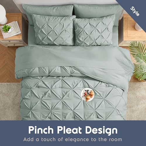 Nestl 9 Piece California King Comforter Set – Sage Green Pinch Pleated Bed in a Bag – Complete Cal King Size Bedding Set with Sheets, Set of 2 Cooling Pillows, Pillowcases and Shams