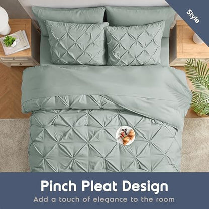 Nestl 9 Piece Full Comforter Set – Sage Green Pinch Pleated Bed in a Bag – Complete Full Size Bedding Set with Sheets, Set of 2 Cooling Pillows, Pillowcases and Shams