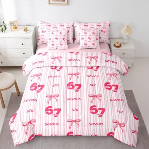 Erosebridal Girly Coquette Bowknot 7 Piece Bedding Set Twin Size Pink 67 Bow Comforter Set for Kids Girls Birthday Gifts,Watercolor Six Seven Bed in A Bag Pink Striped Number 67 Print Bed Set