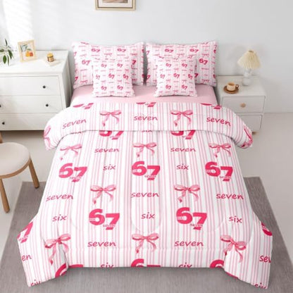 Erosebridal Girly Coquette Bowknot 7 Piece Bedding Set Twin Size Pink 67 Bow Comforter Set for Kids Girls Birthday Gifts,Watercolor Six Seven Bed in A Bag Pink Striped Number 67 Print Bed Set