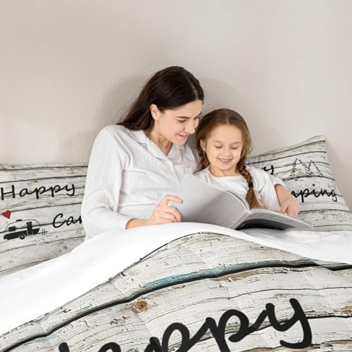 Homewish Happy Camping Full Size Comforter Set Farm Farmhouse Bedding Set for Kids Adults Teens Wood Rustic Comforter Luxury Camper Theme Quilt Set Room Decor 3Pcs