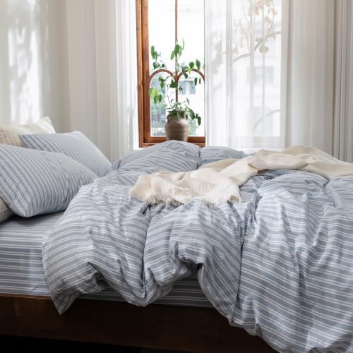 FOSSA Striped Duvet Cover Set 100% Washed Cotton Linen Feel Queen